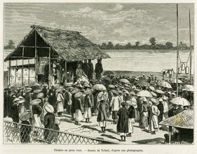 Teater i vinden. Gravering av Tofani, etter et fotografi, for å illustrere historien Trente mois au Tonkin, i 1884, av Dr Paul Hocquard, i le tour du monde 1890, under ledelse av Edouard Charton (1807-1890), Hachette, Paris. av Oswaldo Tofani
