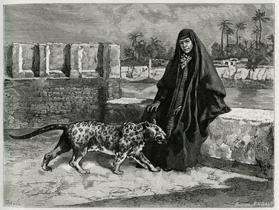 Torkan Khanoum, favoritten til Sheikh Moses, mektig stammeleder i Arabistan med panteren sin. Gravering av Tofani, for å illustrere historien "Persia, Chaldee og Susiane" av Oswaldo Tofani
