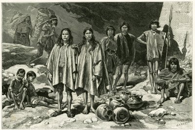 Typer indianere fra Cordilleres i Ecuador, til venstre, i bakgrunnen, Yumbos of Nanegal, i forgrunnen Lojanos, i midten et par Zaparos, til høyre, Jivaros-krigere. Gravering av Tofani, basert på dokumenter, for å illustrere historien av Oswaldo Tofani