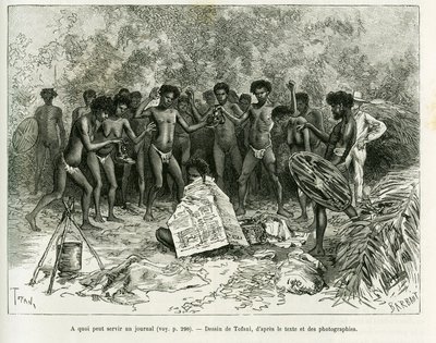 Hva kan en avis brukes til? Gravering av Tofani, for å illustrere historien Chez les cannibales, Journey to North-East Australia av Oswaldo Tofani