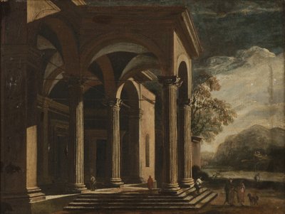 Arkitektonisk Fantasy-palass i et landskap (olje på lerret) av Ottavio Viviani
