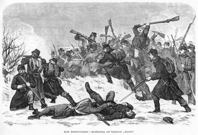 Første infanteriregiment i hånd-til-hånd-kamp med "Martini"-regimentet, pub. 1865 (gravering) av Otto Bache