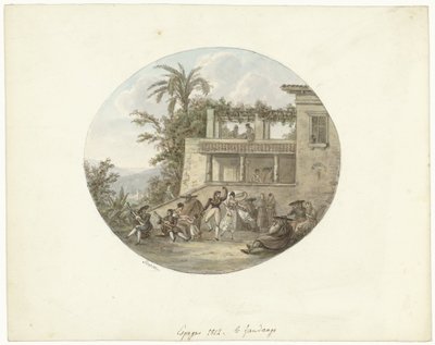 Dansere på en terrasse foran et vertshus le fandango (tittel på objekt) av Otto Baron Howen