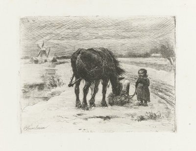 Snølandskap med barn og hest av Otto Eerelman