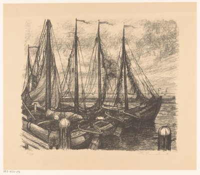 Fortøyd fiskefartøy i en havn av Otto Hanrath (signed by artist)
