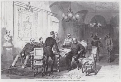 Preussiske hærsjefer som holder et krigsråd i Versailles, fransk-prøyssisk krig, 6. desember 1870 (gravering) av Otto Johann Heinrich Heyden