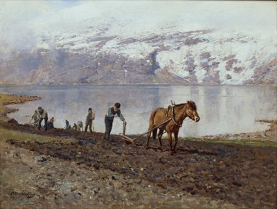 Pløying med hester (olje på lerret) av Otto Ludvig Sinding