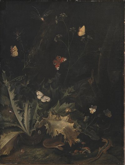 Et skoggulv med en tistel, en slange, en øgle og sommerfugler av Otto Marseus  van Schrieck