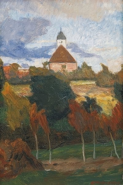 Utsikt over Worpsweder kirke. Rundt 1895 av Otto Modersohn