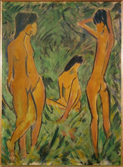 Gutt foran to jenter, en stående, en sittende (valpesyke på jute) av Otto Muller or Mueller