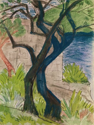 Trær før en bro (pastell og gouache på papir) av Otto Mueller