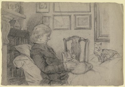 Luise Scholderer ved peisen med mange katter av Otto Scholderer