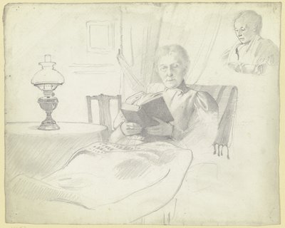 Luise Scholderer leser med bord og lampe, brystbilde av en kvinnelig figur i bakgrunnen av Otto Scholderer