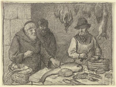 Munk med en fiskehandler av Otto Scholderer