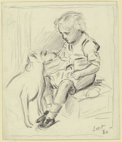 Sittende gutt med sittende hund av Otto Scholderer