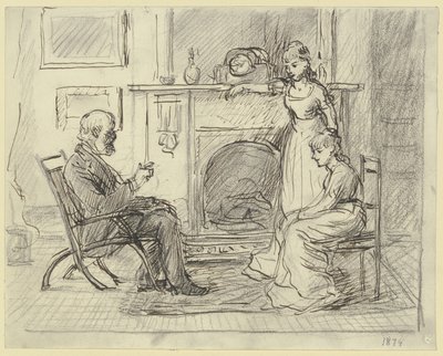Tre personer ved peisen av Otto Scholderer