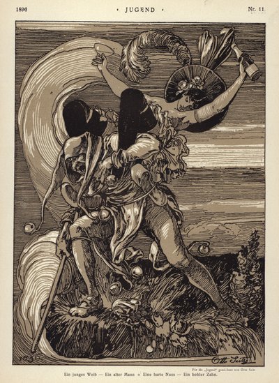 En ung kvinne - en gammel mann - en hard nøtt - en hul tann (litho) av Otto Seitz