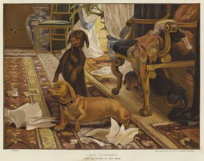 Tre dachser rundt en stol i en stue (farge litho) av Otto Weber