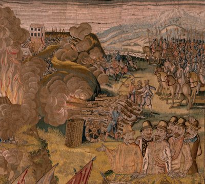 flamsk billedvev. Serietriumfer og slag av erkehertug Albert. Nattlig angrep på Ardres eller fangst av den lave byen Ardres (Asalto nocturno de Ardrés o Toma de la baja villa de Ardrés). Tredje billedvev i serien. Modell Otto van Veen og Hans I Snell av Otto van Veen