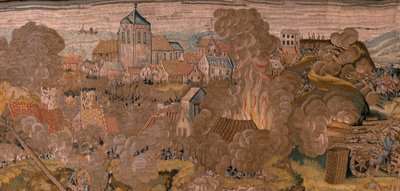 flamsk billedvev. Serietriumfer og slag av erkehertug Albert. Nattlig angrep på Ardres eller fangst av den lave byen Ardres (Asalto nocturno de Ardrés o Toma de la baja villa de Ardrés). Tredje billedvev i serien. Modell Otto van Veen og Hans I Snell av Otto van Veen