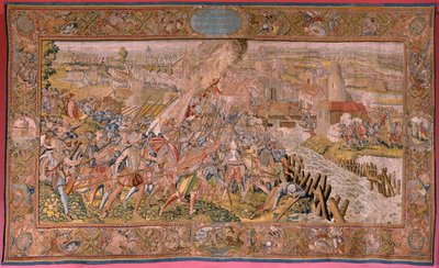 flamsk billedvev. Serietriumfer og slag av erkehertug Albert. Overraskelse på Calais (La sorpresa de Calais). Første billedvev i serien. Modell Otto van Veen og Hans I Snellinck. Produksjon Martin Reynbouts, Brussel. 1597-1599. Stoff Gull, sølv, si av Otto van Veen