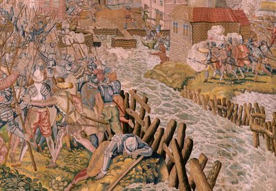 flamsk billedvev. Serietriumfer og slag av erkehertug Albert. Overraskelse på Calais (La sorpresa de Calais). Første billedvev i serien. Modell Otto van Veen og Hans I Snellinck. Produksjon Martin Reynbouts, Brussel. 1597-1599. Stoff Gull, sølv, si av Otto van Veen