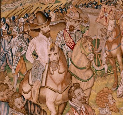 flamsk billedvev. Serietriumfer og slag av erkehertug Albert; Garnisonen til Ardres trekker seg tilbake til Frankrike (Retirada a Francia de la Guarnición de Ardrés). Fjerde billedvev i serien. Modell Otto van Veen og Hans I Snellinck. Produksjon Martin Re av Otto van Veen