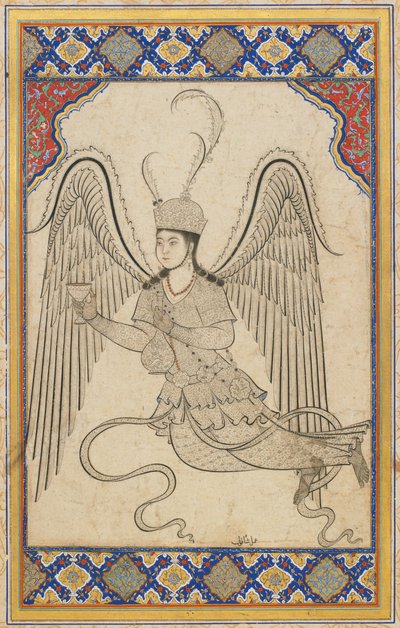 Engel, flygende, med kopp og vinkolbe (blekk, fargevask og gull på papir) av Ottoman School