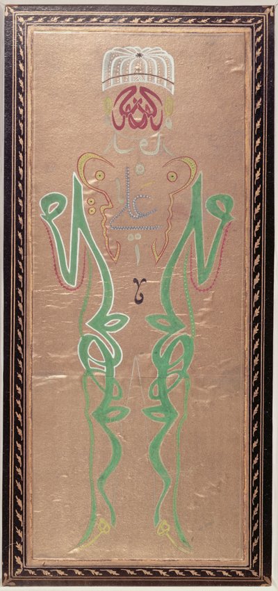 Arabisk kalligrafi med navnene til Muhammad, svigersønnen hans, Ali og Alis to sønner, Hassan og Hussein (farget blekk på papir) av Ottoman School