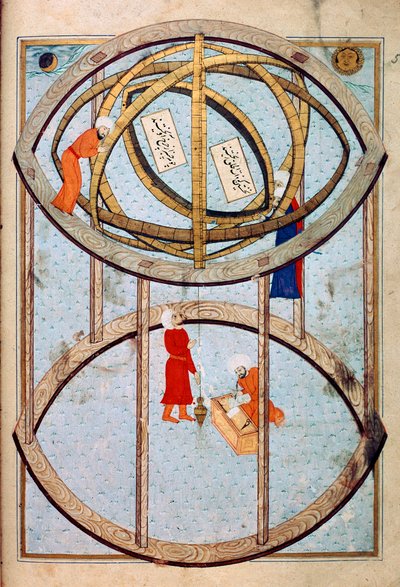 Astronomer manipulerer en enorm armillarkule og verktøy for å måle lengde- og breddegrad Miniatyr fra manuskriptet ms. FY 1404 "" Sehinsahname"" (eller Shahinshah-nama eller Shahinshah-nameh, Shahinshah nama eller Shahinshah nameh) "Historien om kongen av av Ottoman School