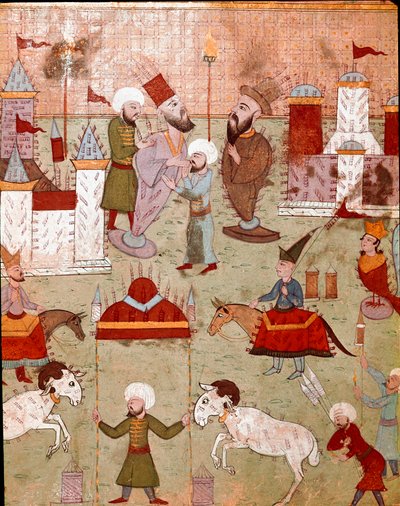 Festligheter organisert i anledning omskjæringen av sønnen til den osmanske sultanen Murad II (Murat) (1404-1451), forberedelse av fyrverkeri Miniatyr av Istanbul fra 1500-tallet, Topkapi Sarayi Museum Library av Ottoman School