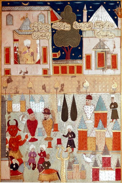 Festligheter organisert i anledning omskjæringen av sønnen til den osmanske sultanen Murad II (Murat) (1404-1451), forberedelse av fyrverkeri Miniatyr av Istanbul fra 1500-tallet, Topkapi Sarayi Museum Library av Ottoman School