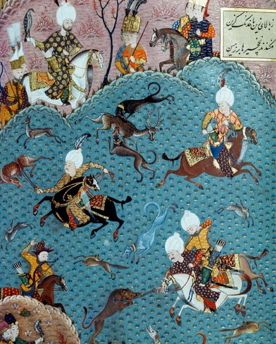 Jaktscene i nærvær av Sultan Murad II (Murat) (1404-1451) Miniatyr fra 1600-tallet. Istanbul, Topkapi Sarayi museumsbibliotek av Ottoman School