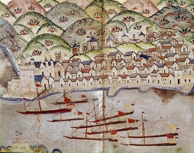 Ottomansk kunst: utsikt over Marseille, Frankrike miniatyr av Ottoman School