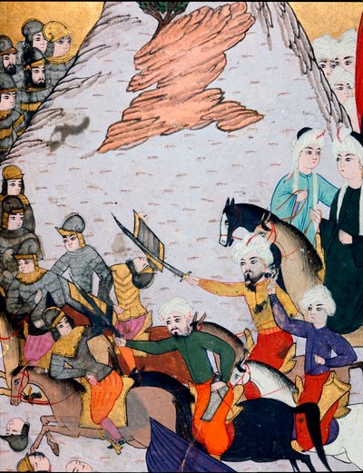 Det osmanske riket: sammenstøt mellom hæren til Sultan Bayezid I (Bajazet) (1360-rundt 1402) mot den fransk-ungarske alliansen under slaget ved Nicopolis 25.09.1396. 1400-talls miniatyr. Topkapi Sarayi Museum Library Istanbul av Ottoman School