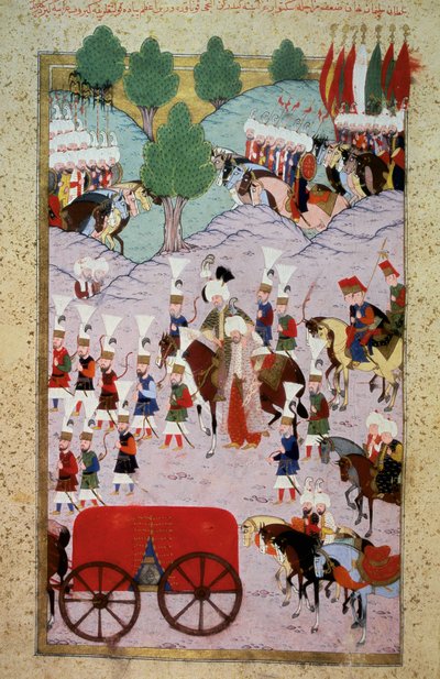 Det osmanske riket: representasjon av Sultan Soliman (Suleyman) Jeg sa den storslåtte (1520-1566) og hans hær. Miniatyr fra "Hunername" av Lokman, vol. 1 (H 1523, f.7) 1584 Topkapi Sarayi Museum Library Istanbul av Ottoman School