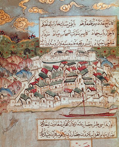 Det osmanske riket: representasjon av en befestet by på bredden av Donau erobret av Soliman (Suleyman) Jeg sa den storslåtte (1520-1566) under hans marsj mot Budapest og Wien (1526-1529). 1500-talls miniatyr. Topkapi Sarayi Istanbul av Ottoman School