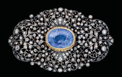 Innsatt brosje med ottomansk diamant og safir (safir og diamanter satt i gull og sølv) av Ottoman School