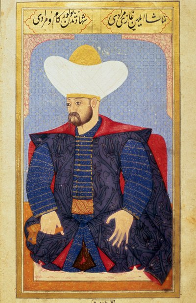 Portrett av sultanen fra det osmanske riket Murad I (1326-1389) Miniatyr fra manuskriptet "" Menneskelig fysiognomi (Om personlige arrangementer av osmanerne) av Seyyid Lokman Hussein. (Ms. ty6087 folio 27b) av Ottoman School
