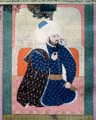 Portrett av sultanen fra det osmanske riket Mehet II (Mehmet II erobreren eller Mehmed II Fatih) (1430-1481) Miniatyr fra manuskriptet (Ms. 1973, folio 62a) “Zubdatat-al Tawarikh” (Zubdat al-Tawarikh) ( Creme of Stories) av historikeren Seyyid Loqman As av Ottoman School