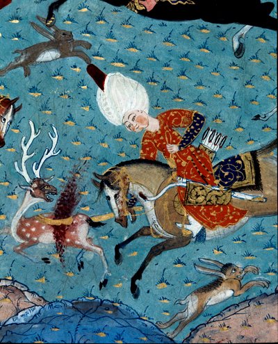 Representasjon av hoffmennene til Sultan Murad II (Murat) (1404-1451) som jakter hjort og hare Detalj. 1600-talls miniatyr. Istanbul, Topkapi Sarayi museumsbibliotek av Ottoman School