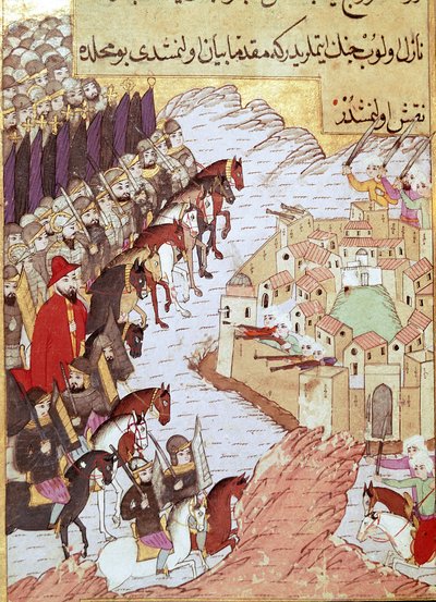 Andre korstog (1147-1149): Korstogene foran byen Aleppo i Syria. 1500-talls miniatyr. Topkapi Sarayi Istanbul av Ottoman School