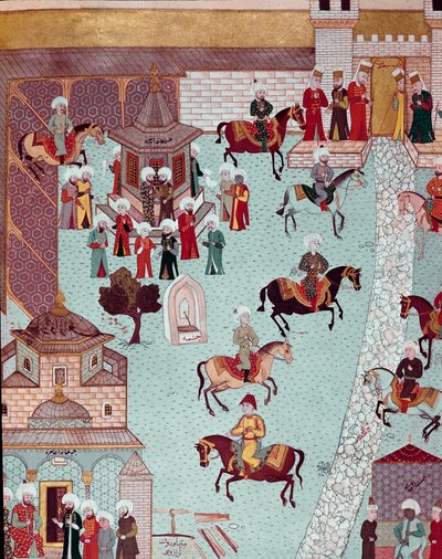 Utsikt over kirken St. Irene (Saint Irene), porten til Serail og palasset til sultanene i Konstantinopel Miniatyr på 1600-tallet. Topkapi Sarayi Istanbul av Ottoman School