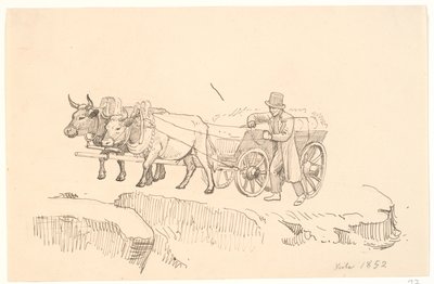 En bonde går ved siden av oksevognen sin av P.C. Skovgaard