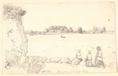 En dame og to barn på Guldborgsund. Nykøbing Falster. av P.C. Skovgaard
