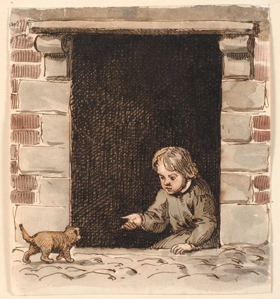 En gutt som sitter i en kjellerdør vinker en valp. av P.C. Skovgaard