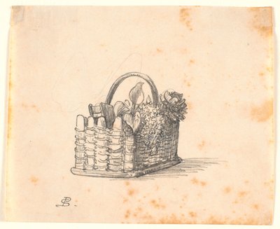 En flettet kurv med planter og en bok. av P.C. Skovgaard