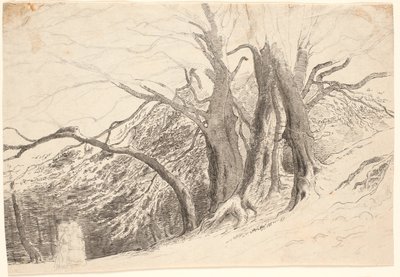 En bløff med store trær i en skog, med to gående damer. av P.C. Skovgaard