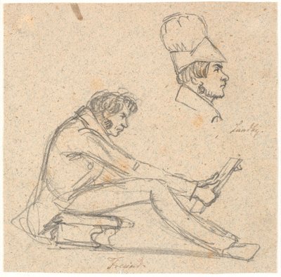 HAN. Freund sitter på en krakk og ser på en tegning. Over t.h. profilportrett av J. Th. Lundbye. av P.C. Skovgaard