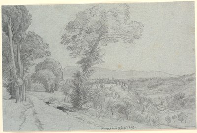Italiensk fjellandskap med utsikt mot "Genazzano 9. juli 1869.". av P.C. Skovgaard